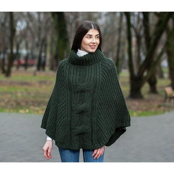 SAOL Cable Knit Poncho Cape Merino Wool Irish Sweater Turtle Neck Army Green OS - Picture 2 of 8